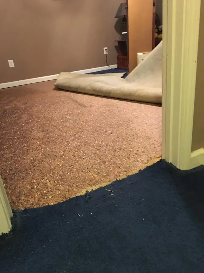 Carpet pad removal revealing water damage during Water Mitigation Services in Pflugerville